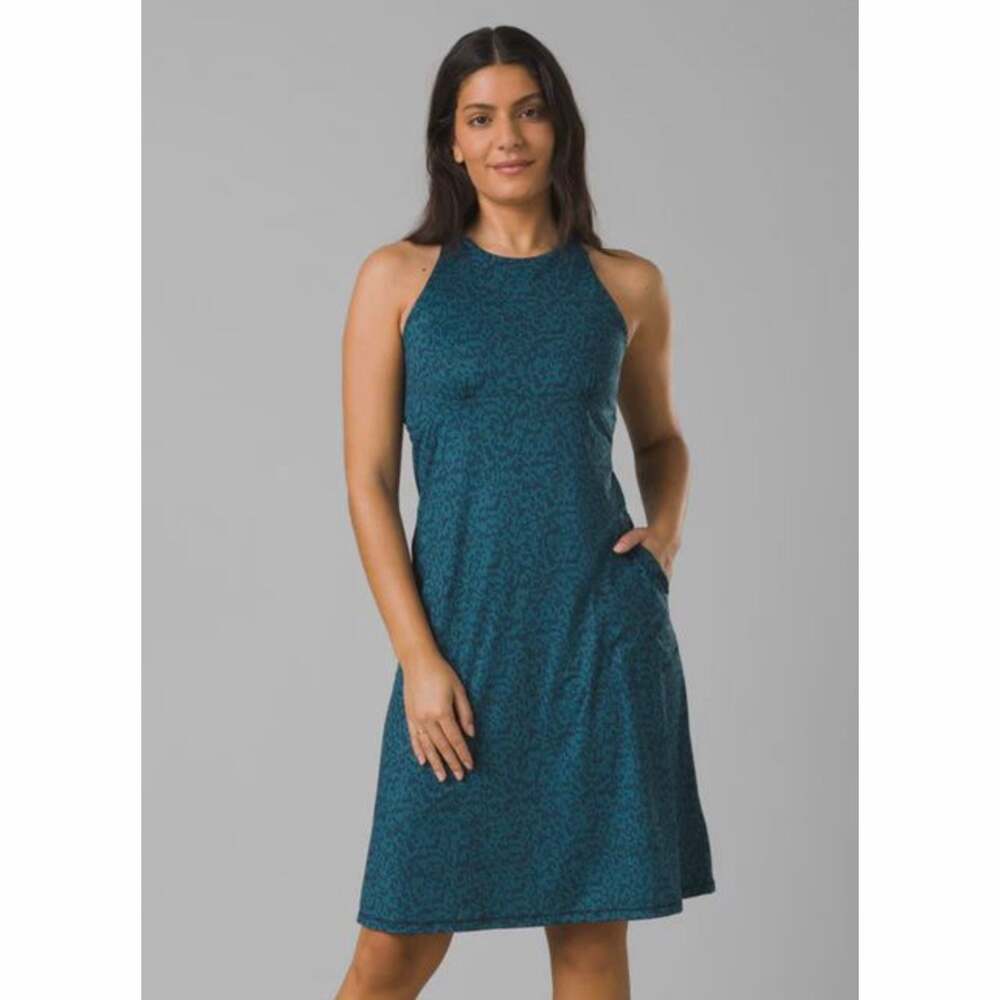 PrAna Jewel Lake Dress Teal Blue Patterned Halter Dress Size L